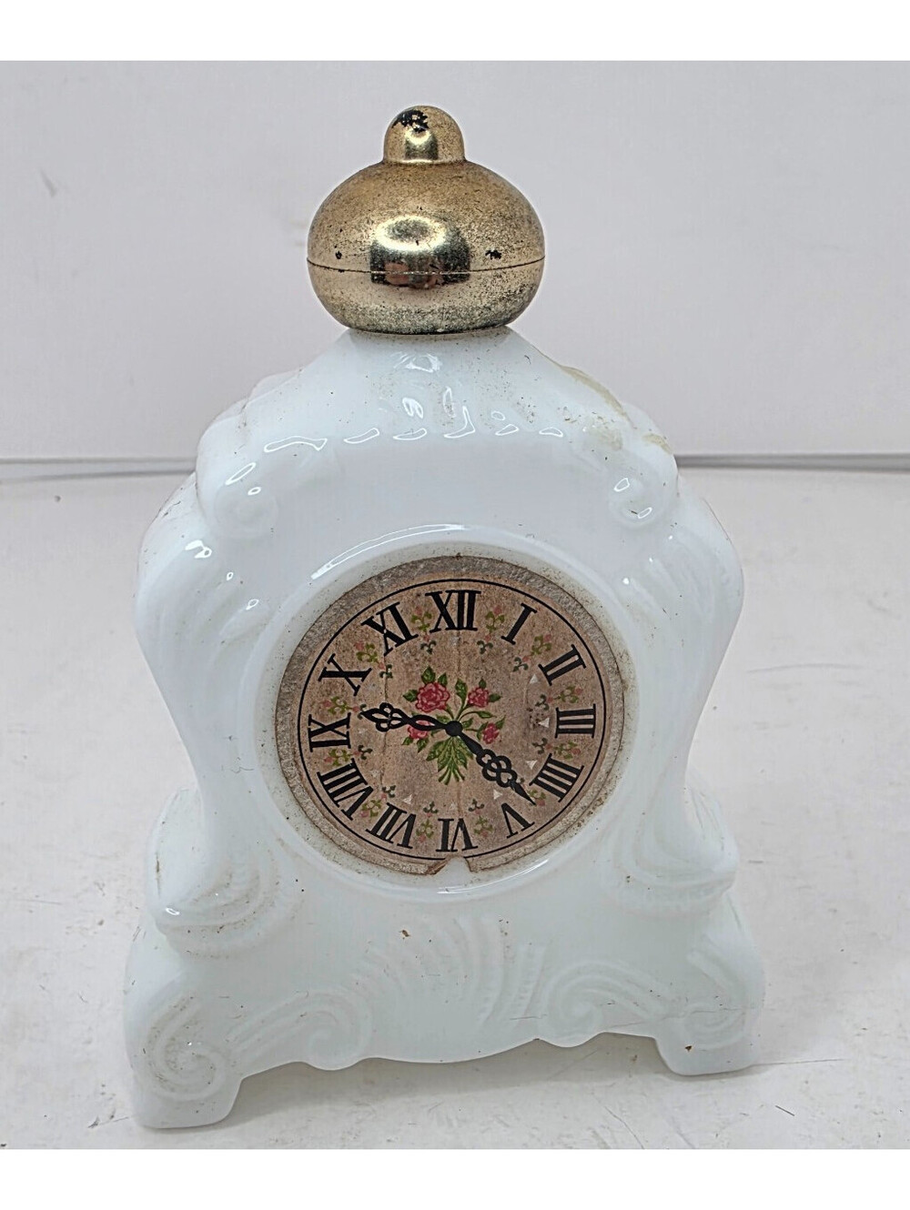 Vintage Avon 70s Leisure Hour White Milk Glass Mantle Clock Decanter Bottle 5.5"